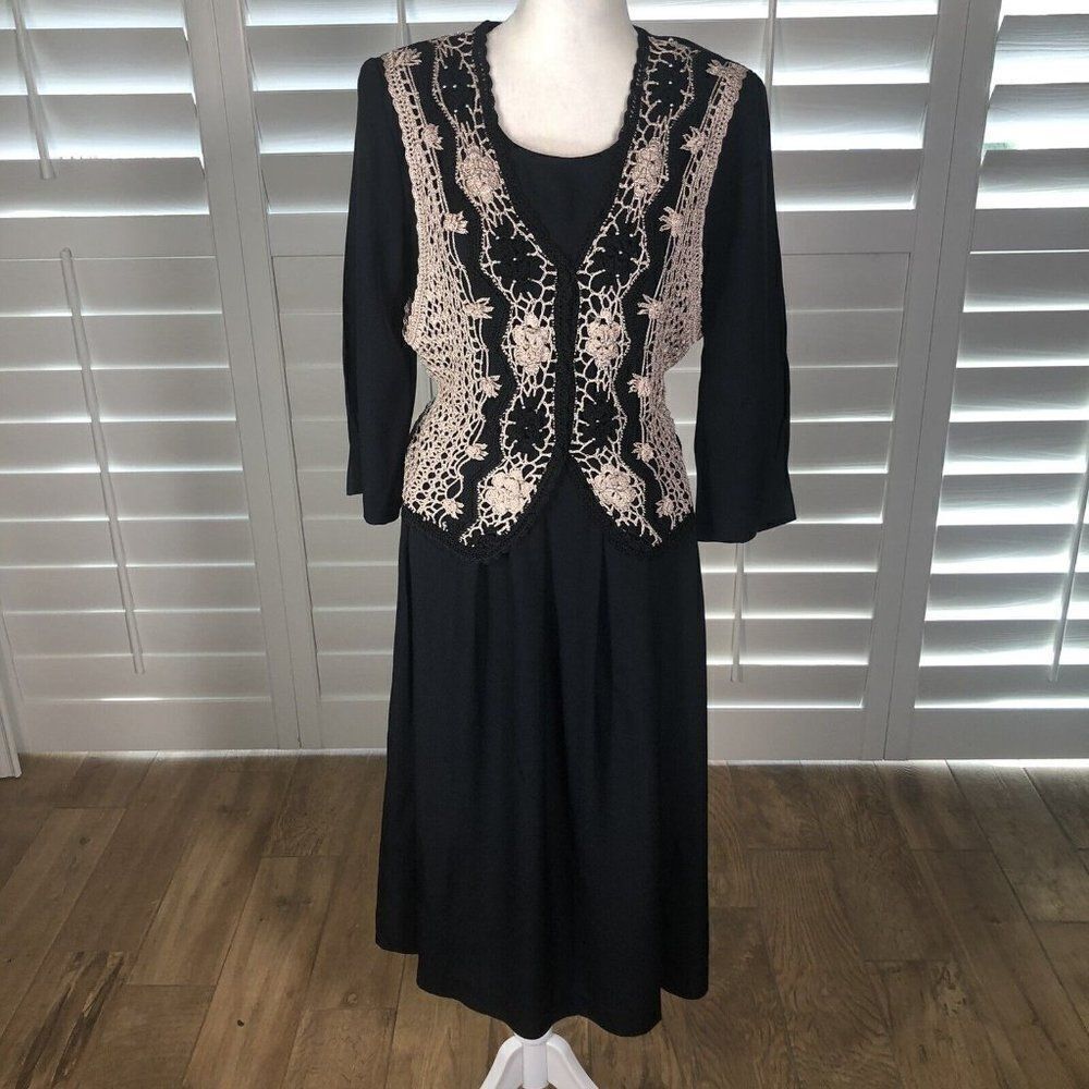 Vtg 80s Impulsive Black Midi Dress 8P Tan Crochet Vest Pleated Shoulder Pads